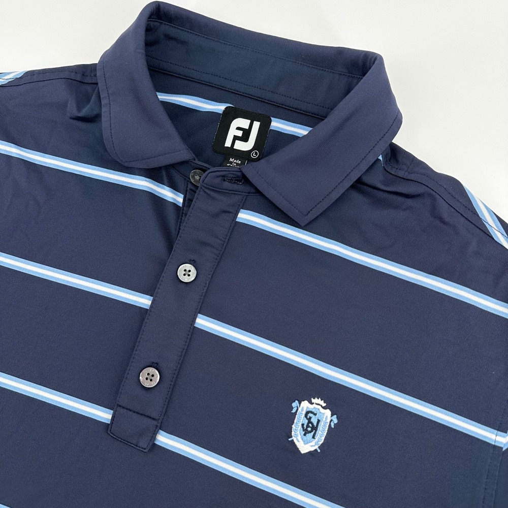 FootJoy Polo Shirt Mens Large Navy Blue Striped Short Sleeve Golf Top